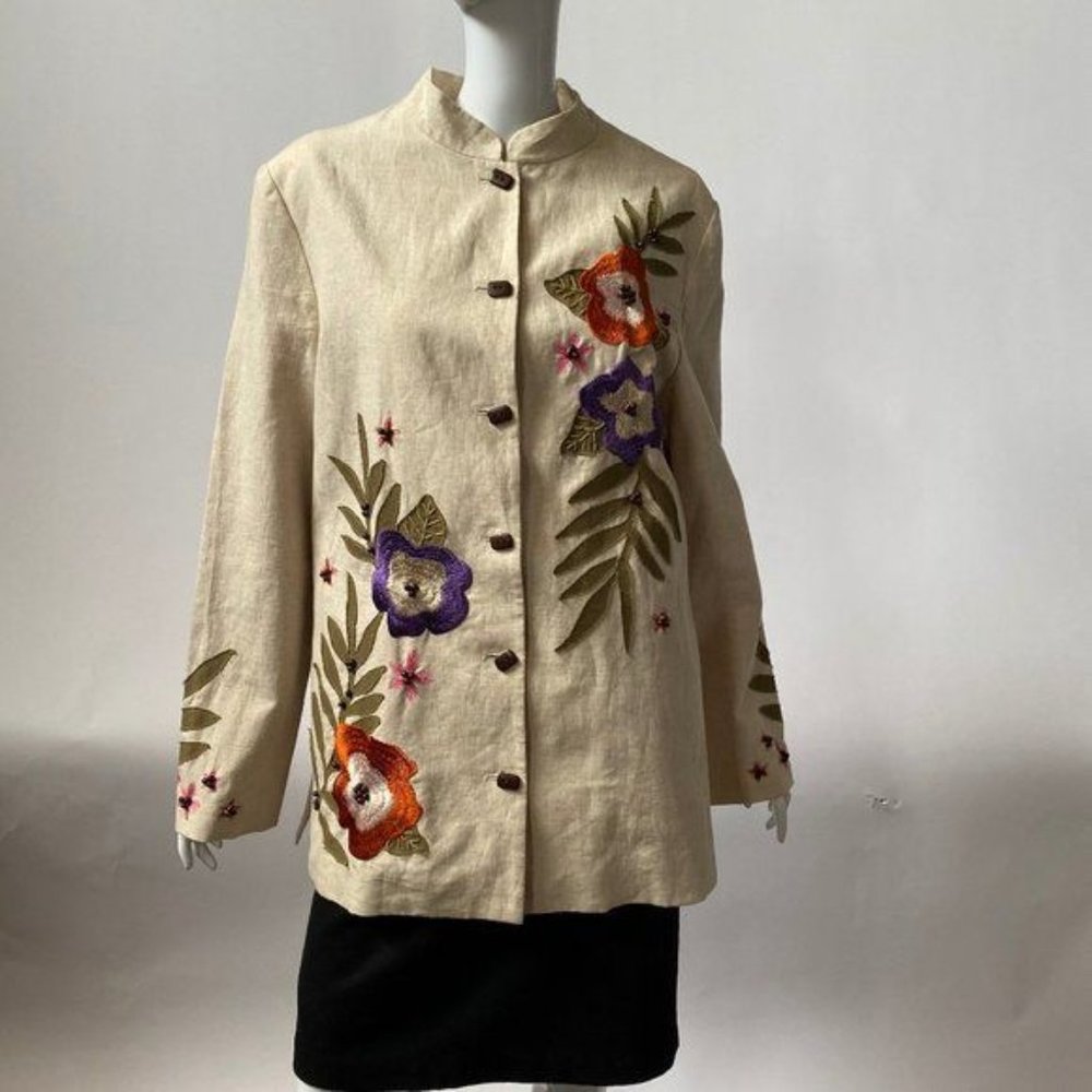 August Max Embroidered Jacket  L Cream,Pink   Linen, Polyester Cotton Lining